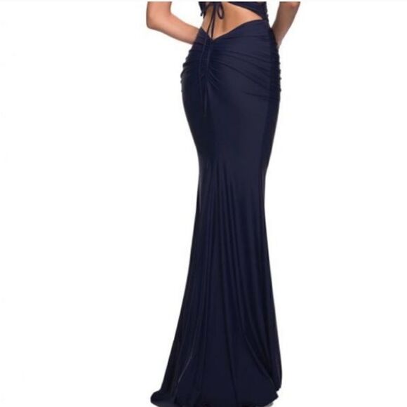 La Femme Cutout Jersey Gown Navy Cheeky Mermaid Maxi Dress Prom Gala Tie Up - Picture 4 of 8